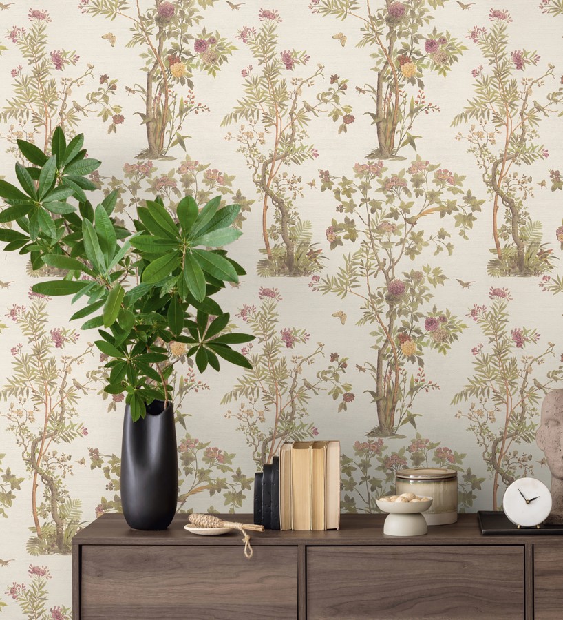 Papel pintado árboles y pájaros fondo textura textil blanco roto  Zalaya Etude 684812