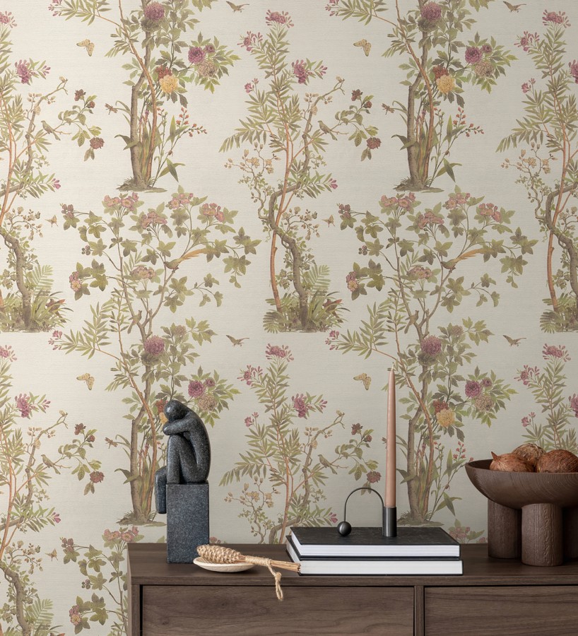 Papel pintado árboles y pájaros fondo textura textil blanco roto  Zalaya Etude 684812