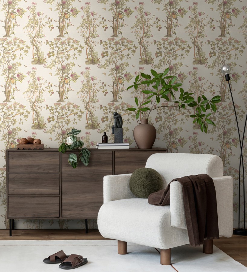 Papel pintado árboles y pájaros fondo textura textil blanco roto  Zalaya Etude 684812