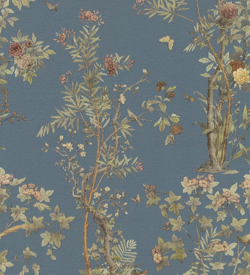 Papel pintado árboles y pájaros fondo textura textil azul  Zalaya Etude 684813