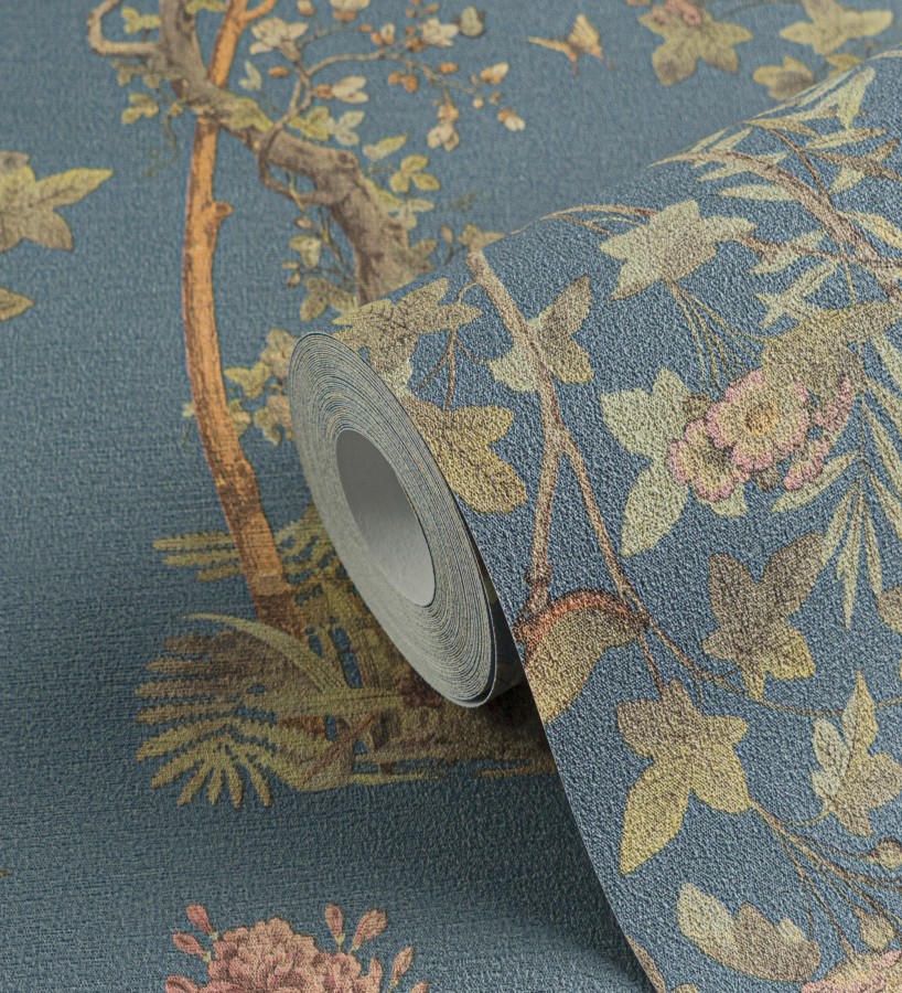 Papel pintado árboles y pájaros fondo textura textil azul  Zalaya Etude 684813