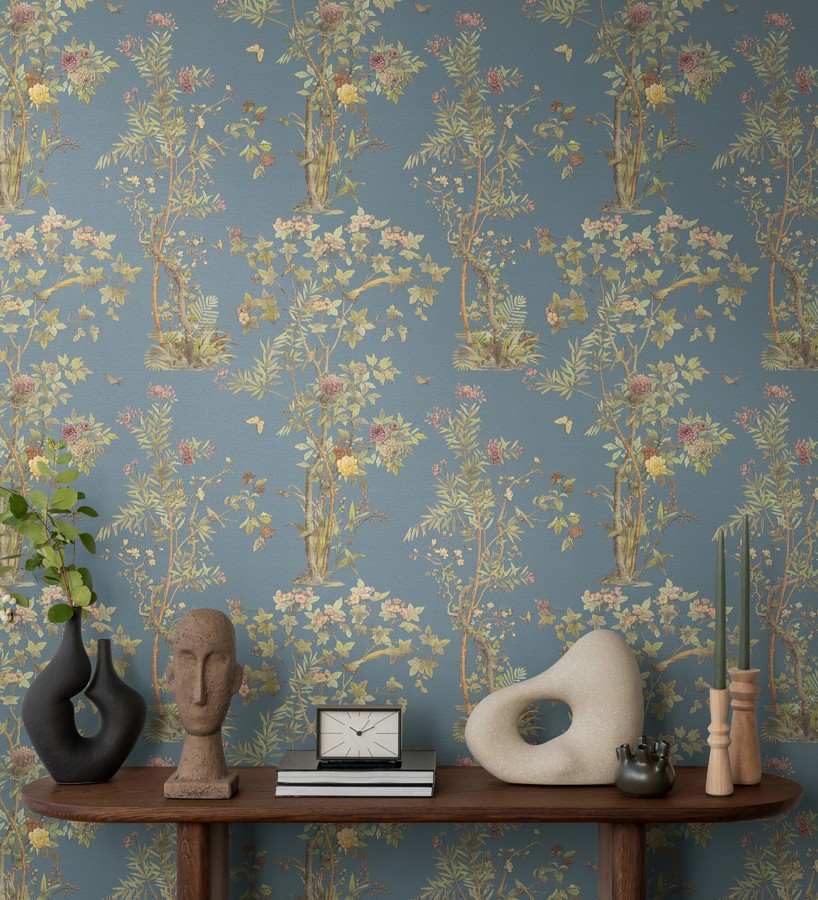 Papel pintado árboles y pájaros fondo textura textil azul  Zalaya Etude 684813