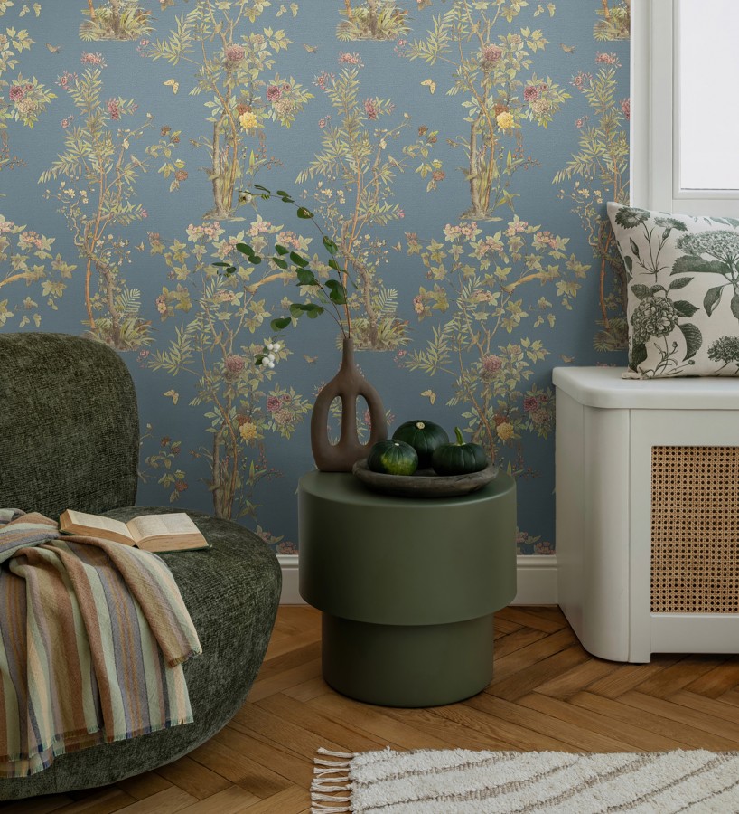 Papel pintado árboles y pájaros fondo textura textil azul  Zalaya Etude 684813