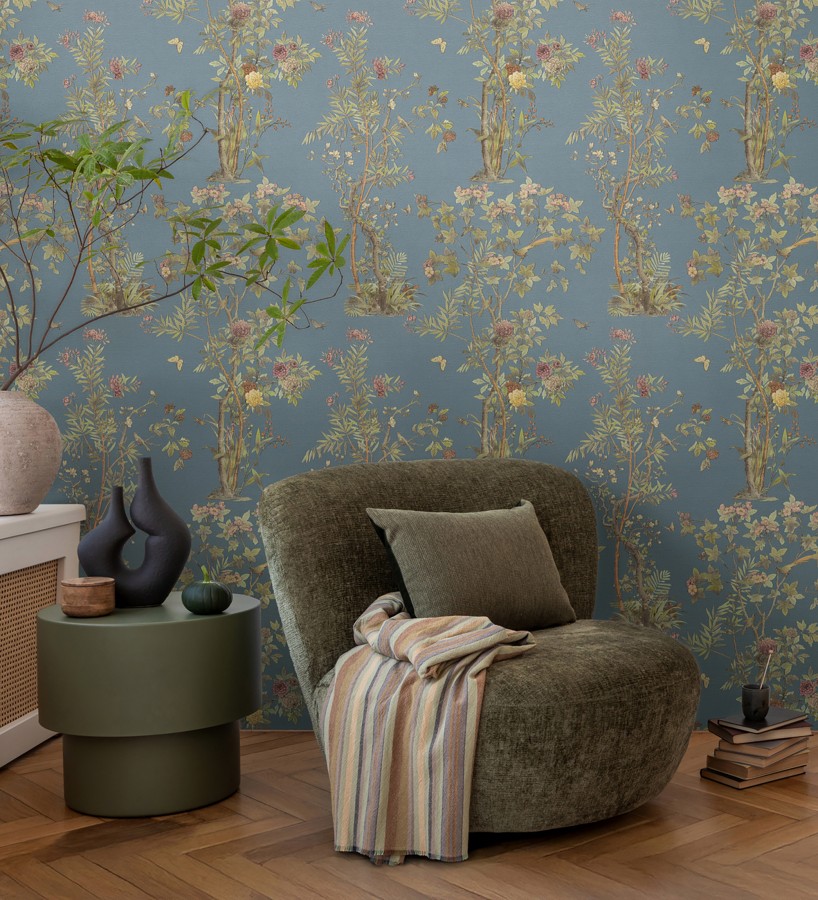 Papel pintado árboles y pájaros fondo textura textil azul  Zalaya Etude 684813