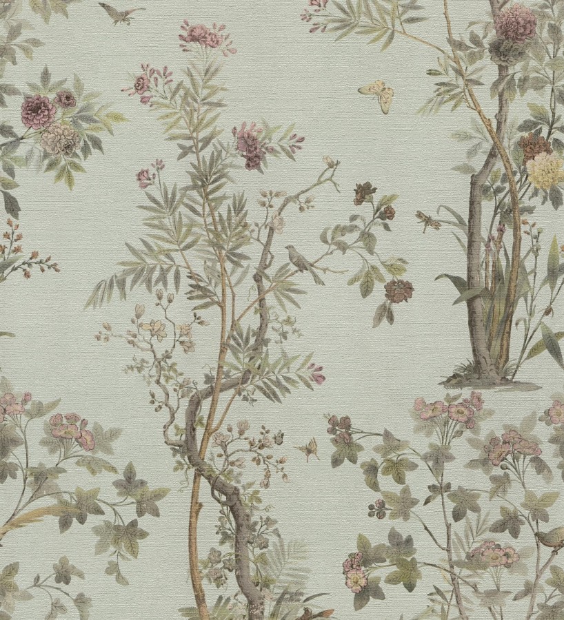 Papel pintado árboles y pájaros fondo textura textil verde celadón  Zalaya Etude 684814