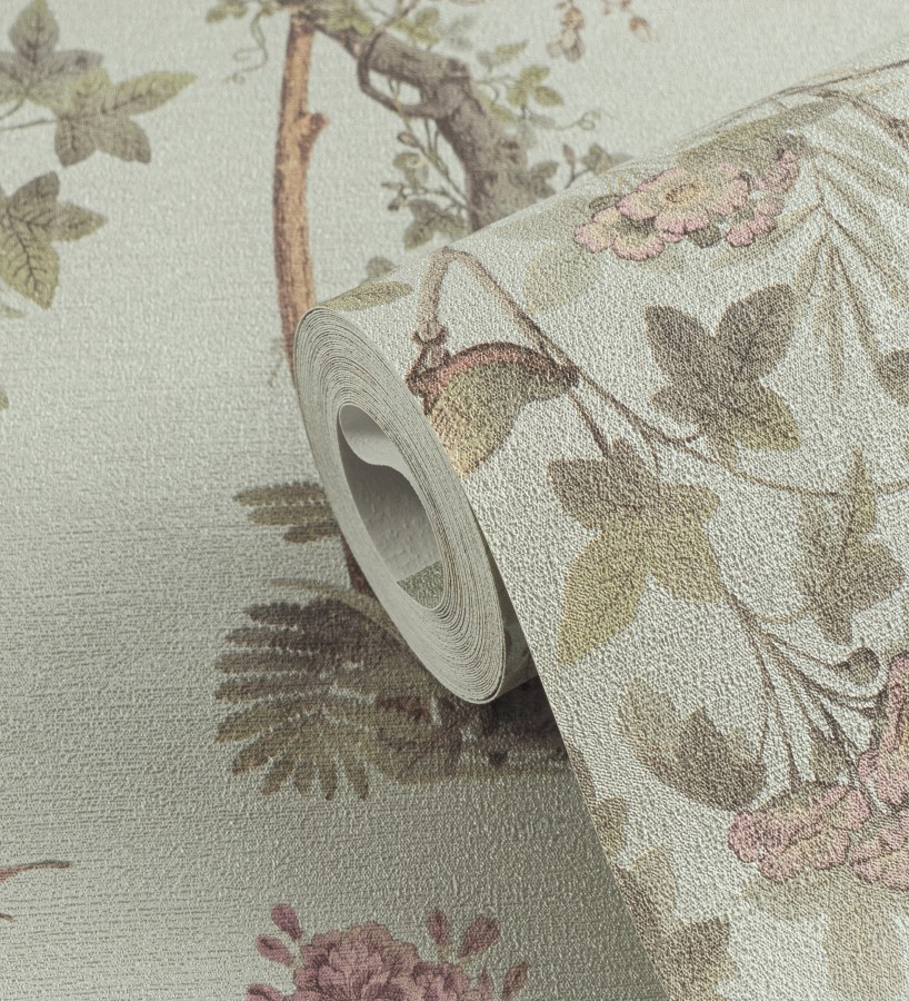 Papel pintado árboles y pájaros fondo textura textil verde celadón  Zalaya Etude 684814