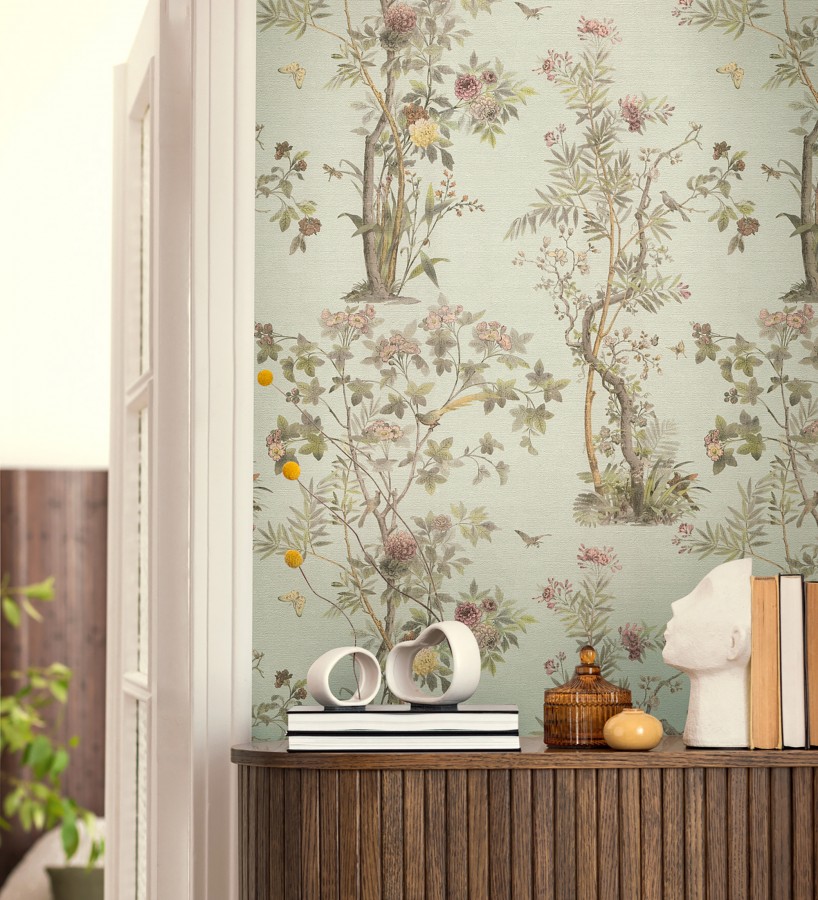 Papel pintado árboles y pájaros fondo textura textil verde celadón  Zalaya Etude 684814