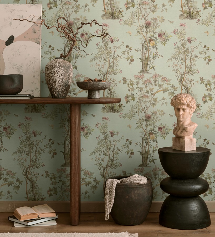 Papel pintado árboles y pájaros fondo textura textil verde celadón  Zalaya Etude 684814