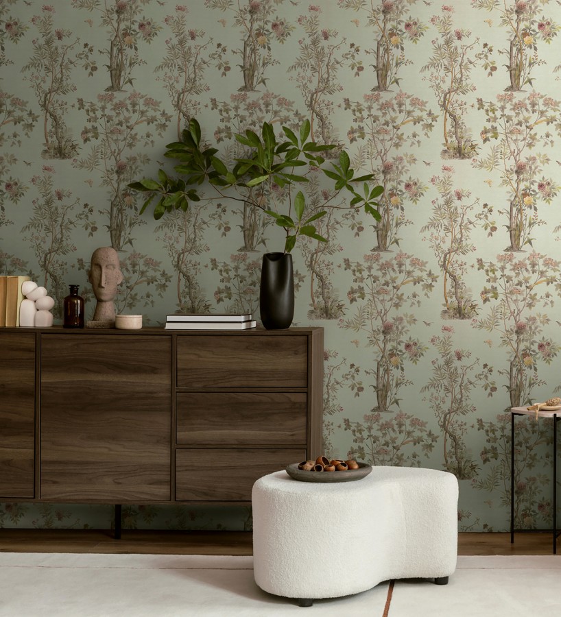 Papel pintado árboles y pájaros fondo textura textil verde celadón  Zalaya Etude 684814