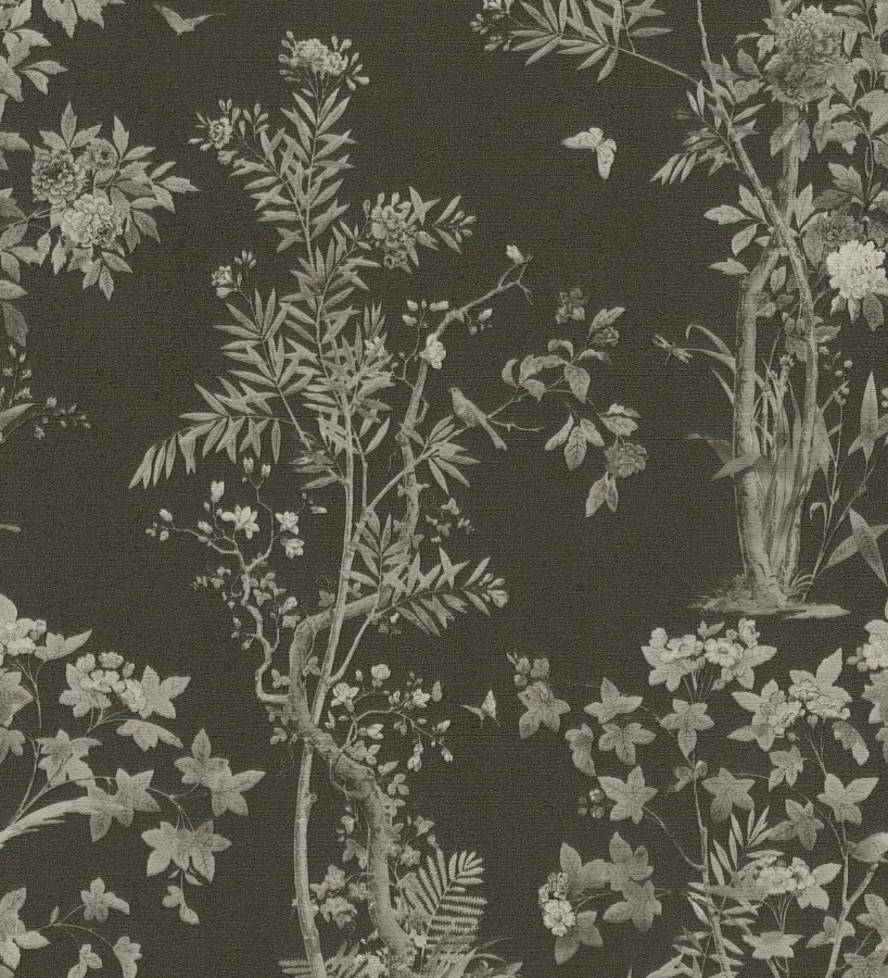 Papel pintado árboles y pájaros fondo textura textil negro  Zalaya Etude 684815