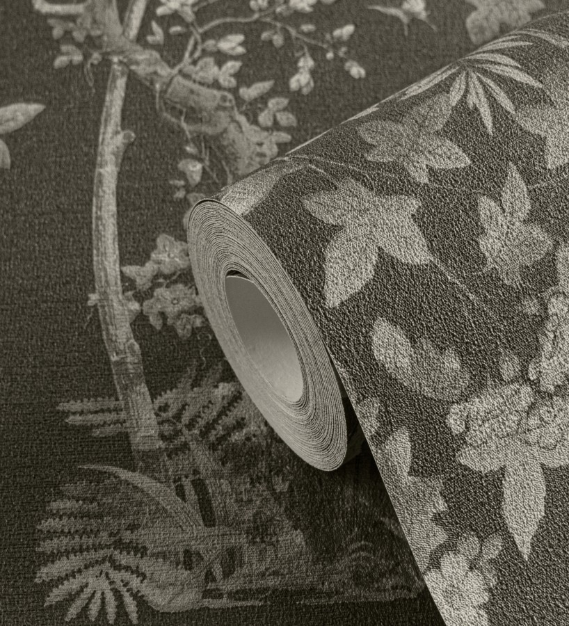 Papel pintado árboles y pájaros fondo textura textil negro  Zalaya Etude 684815