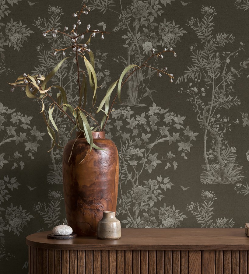Papel pintado árboles y pájaros fondo textura textil negro  Zalaya Etude 684815