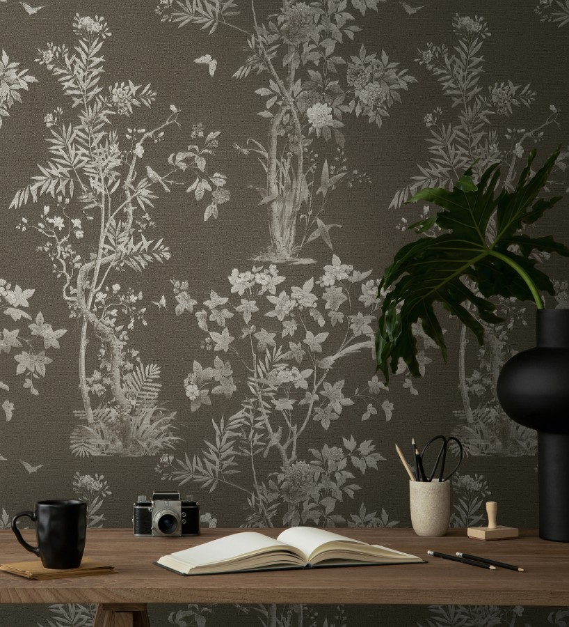 Papel pintado árboles y pájaros fondo textura textil negro  Zalaya Etude 684815