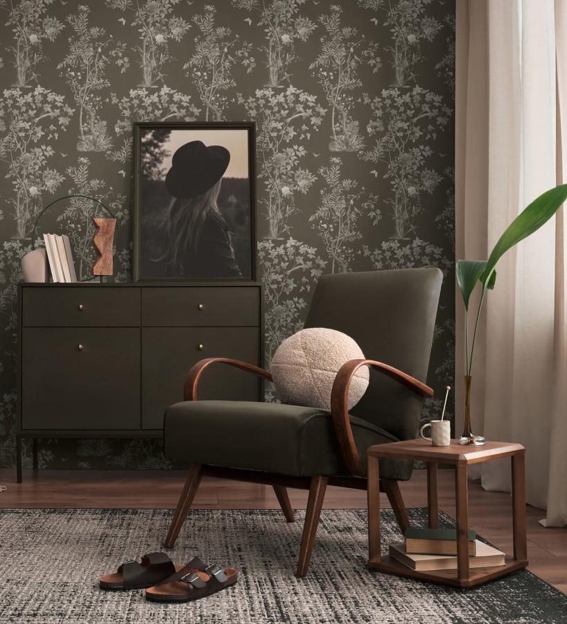 Papel pintado árboles y pájaros fondo textura textil negro  Zalaya Etude 684815