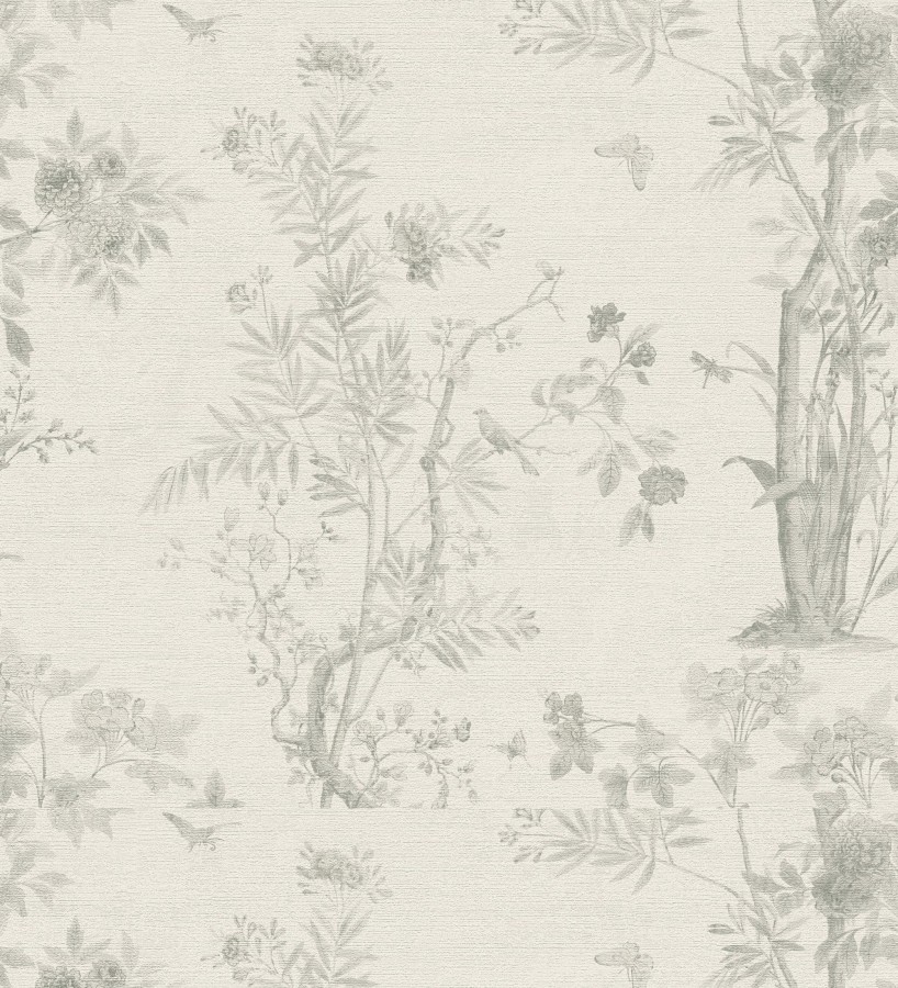 Papel pintado árboles y pájaros fondo textura textil blanco  Zalaya Etude 684816