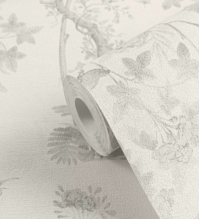 Papel pintado árboles y pájaros fondo textura textil blanco  Zalaya Etude 684816
