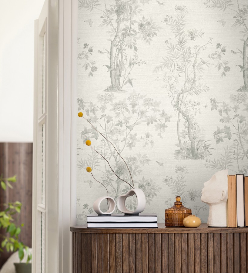 Papel pintado árboles y pájaros fondo textura textil blanco  Zalaya Etude 684816