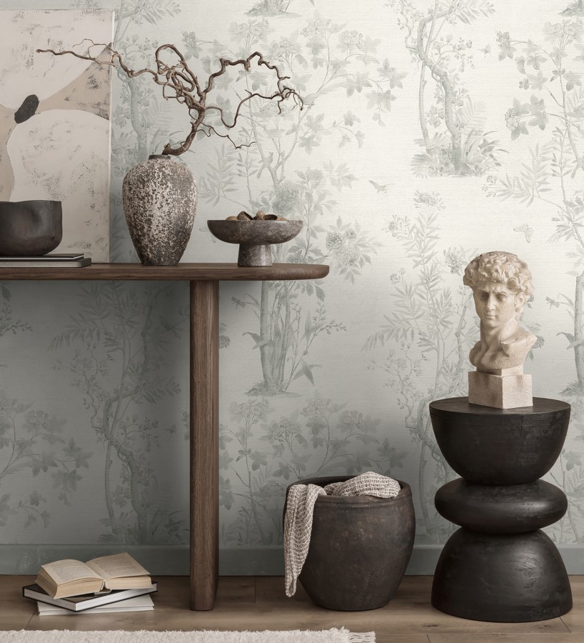 Papel pintado árboles y pájaros fondo textura textil blanco  Zalaya Etude 684816
