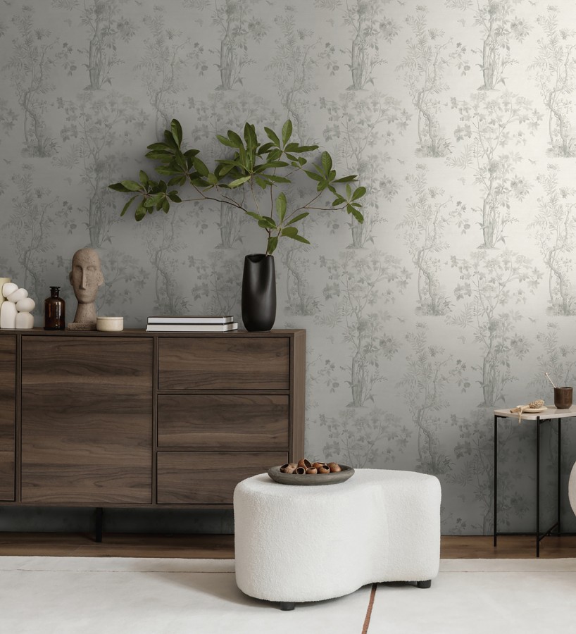 Papel pintado árboles y pájaros fondo textura textil blanco  Zalaya Etude 684816