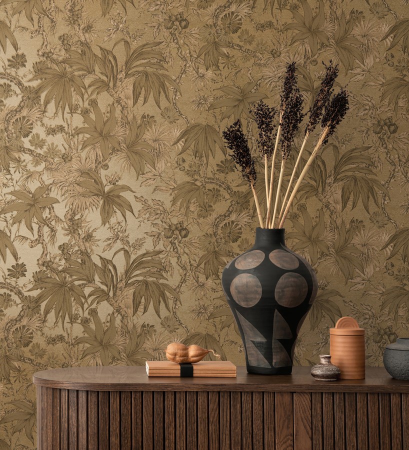 Papel pintado selva sepia elegante fondo oro envejecido texturizado  Hanoi Botanic 684818