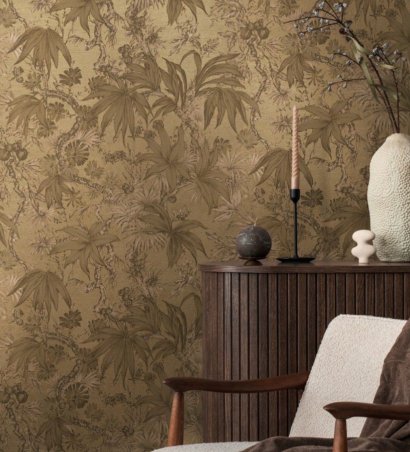 Papel pintado selva sepia elegante fondo oro envejecido texturizado  Hanoi Botanic 684818
