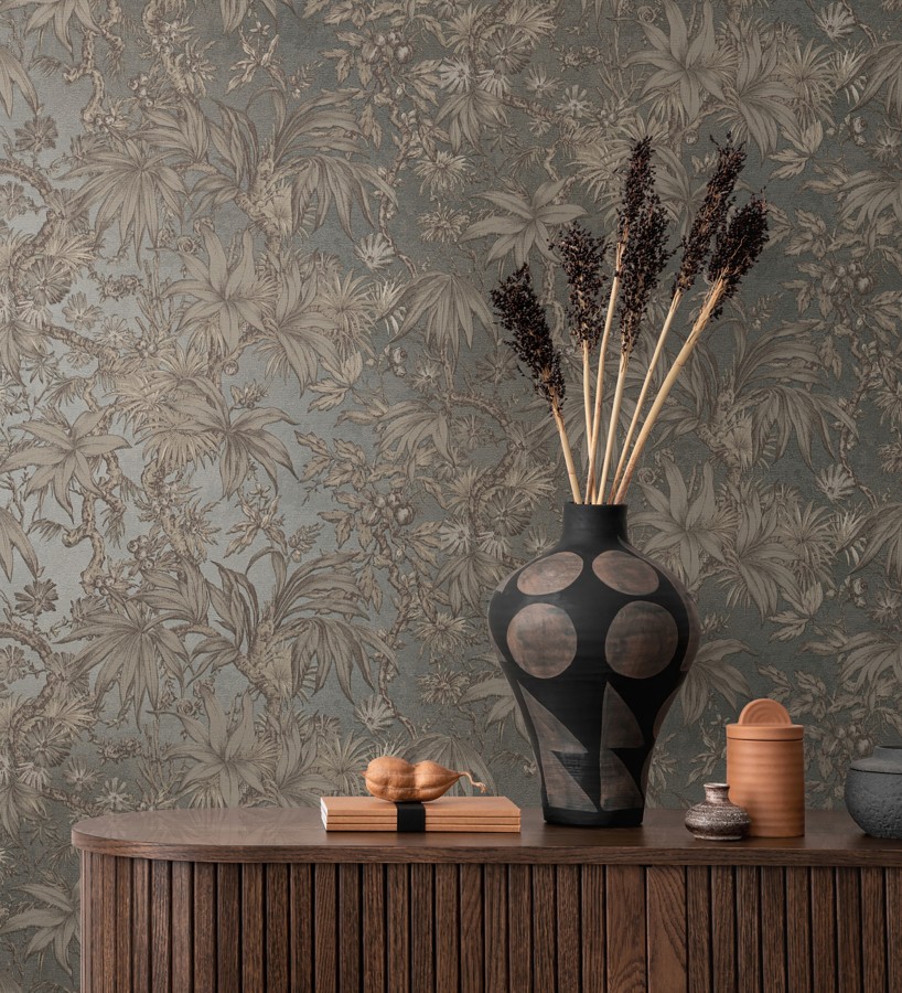 Papel pintado selva sepia elegante fondo níquel texturizado  Hanoi Botanic 684819