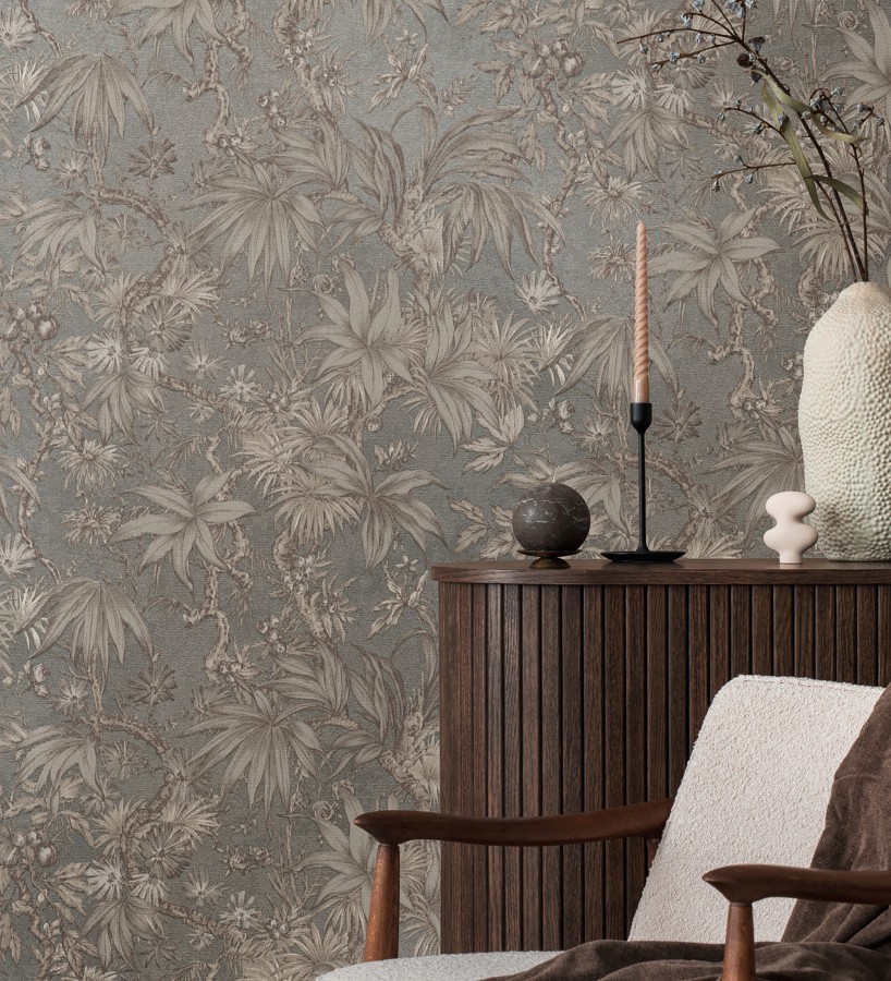 Papel pintado selva sepia elegante fondo níquel texturizado  Hanoi Botanic 684819