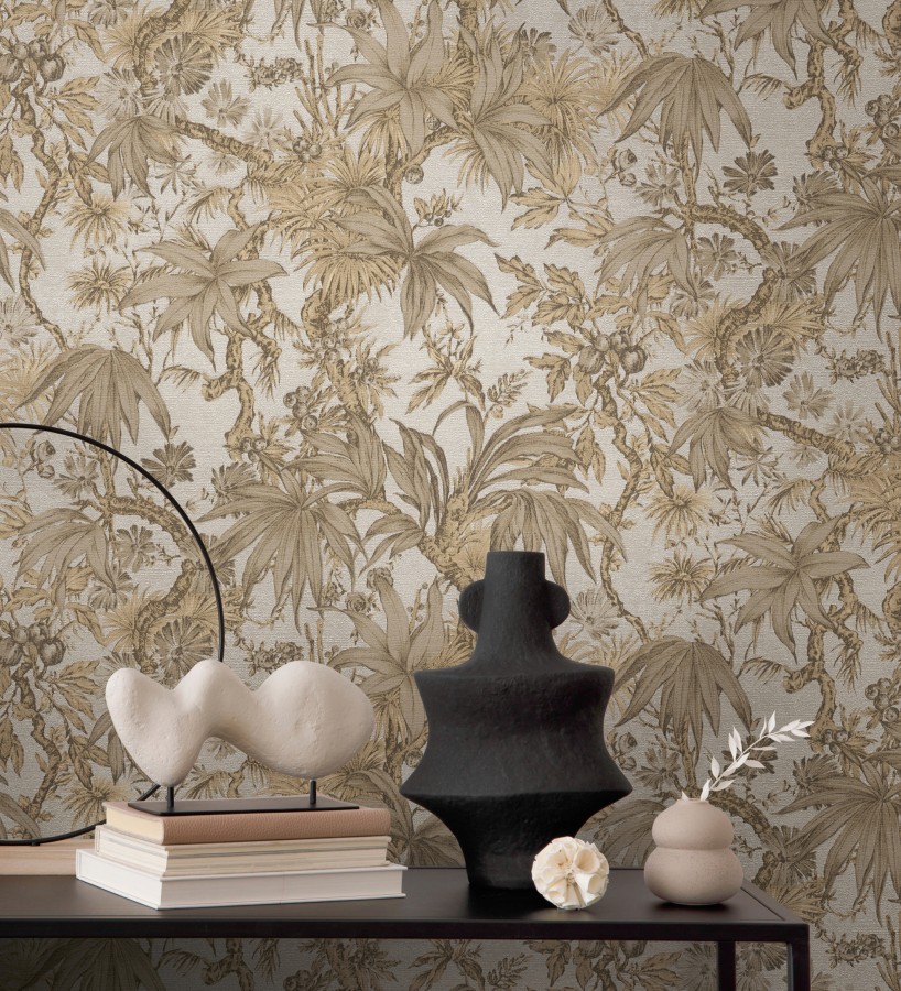 Papel pintado selva sepia elegante fondo champagne texturizado  Hanoi Botanic 684820
