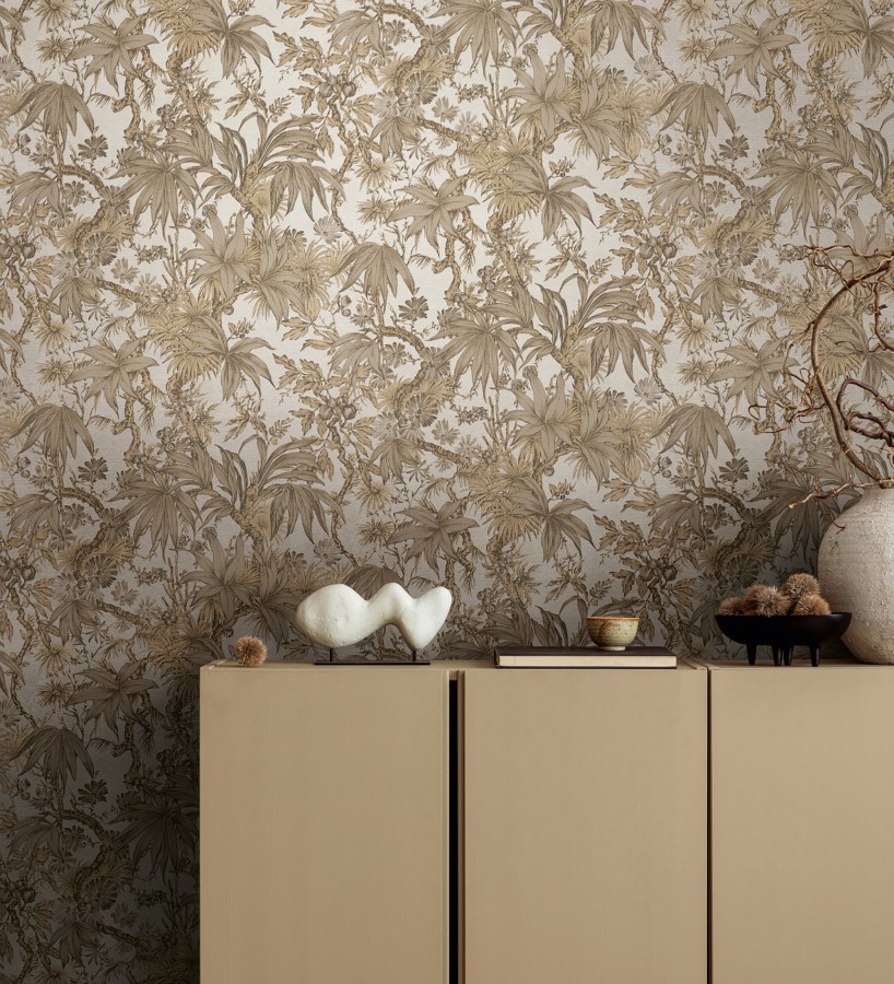 Papel pintado selva sepia elegante fondo champagne texturizado  Hanoi Botanic 684820