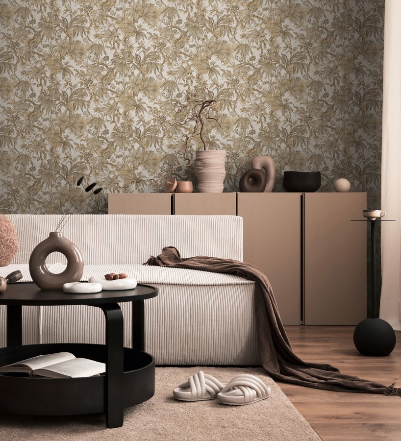 Papel pintado selva sepia elegante fondo champagne texturizado  Hanoi Botanic 684820
