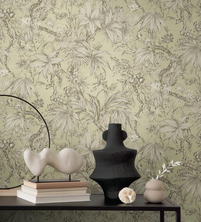 Papel pintado selva sepia elegante fondo bronce verdoso texturizado  Hanoi Botanic 684821