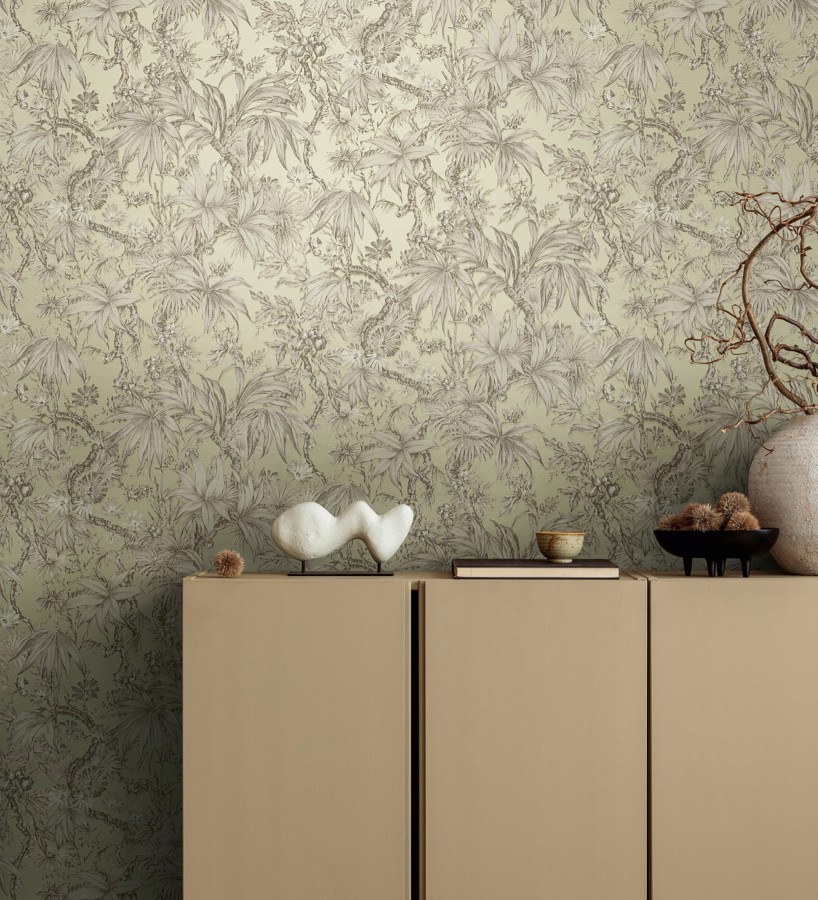 Papel pintado selva sepia elegante fondo bronce verdoso texturizado  Hanoi Botanic 684821