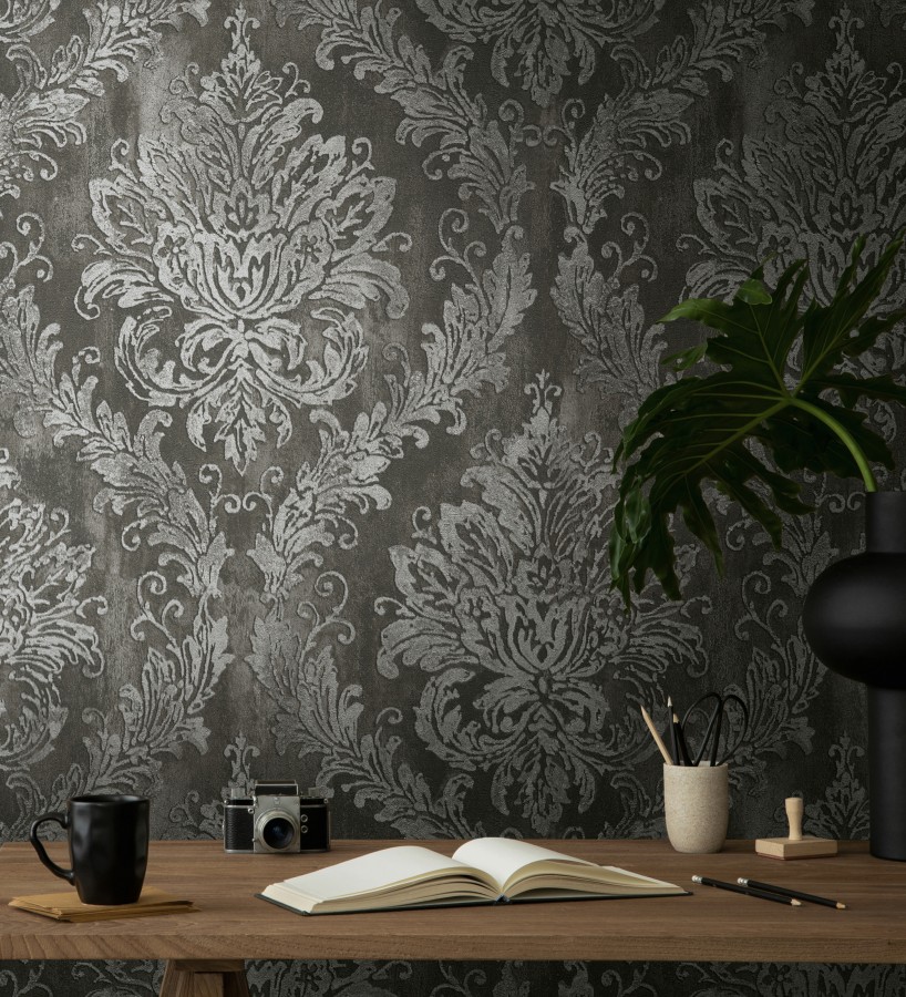 Papel pintado barroco elegante pátina tonos metalizado y negro  Lombardy Status 684827