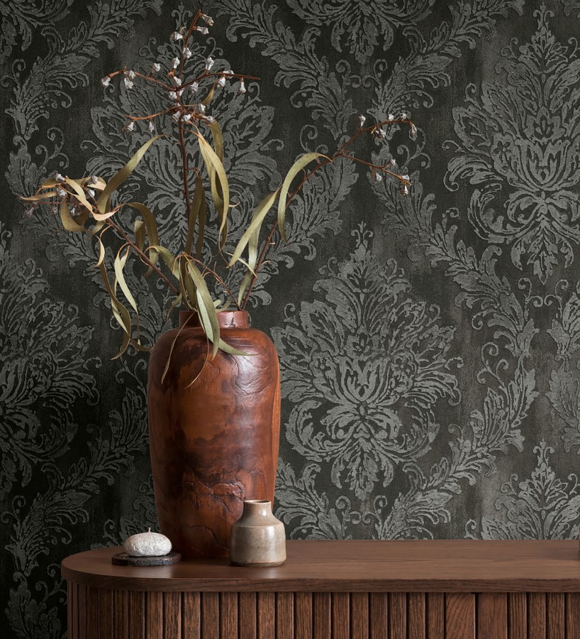 Papel pintado barroco elegante pátina tonos metalizado y negro  Lombardy Status 684827