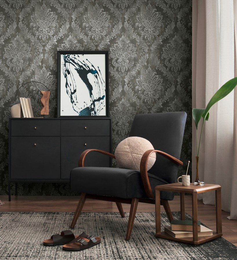 Papel pintado barroco elegante pátina tonos metalizado y negro  Lombardy Status 684827