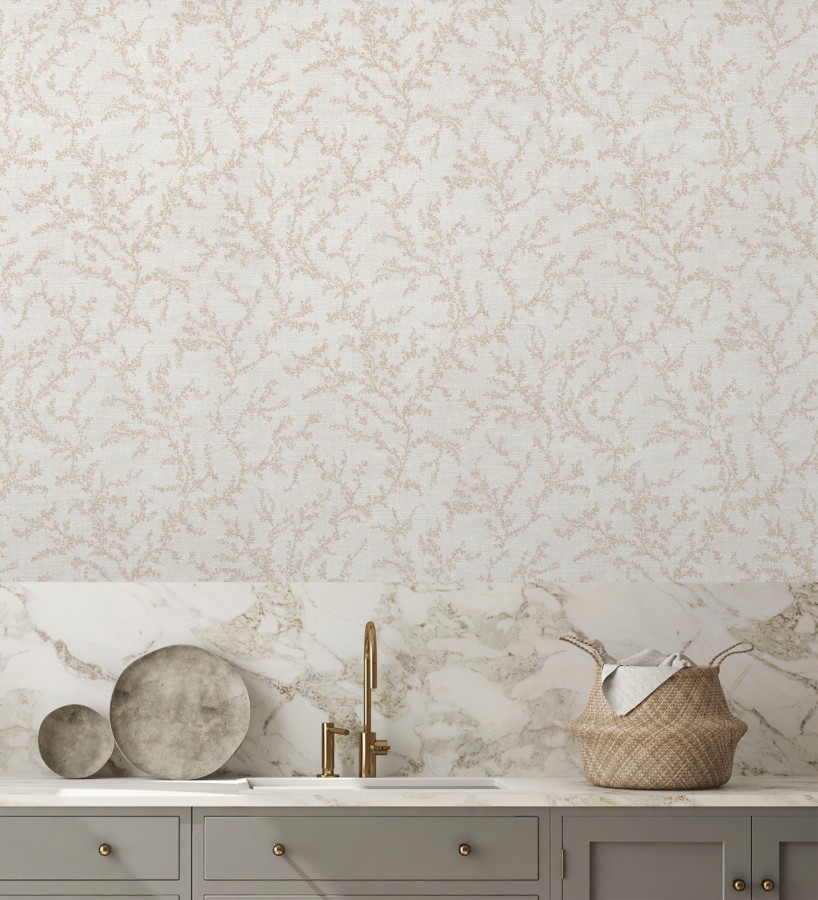 Papel pintado ramas sutiles color beige rosado relieve textil  Margot Delicate 684828