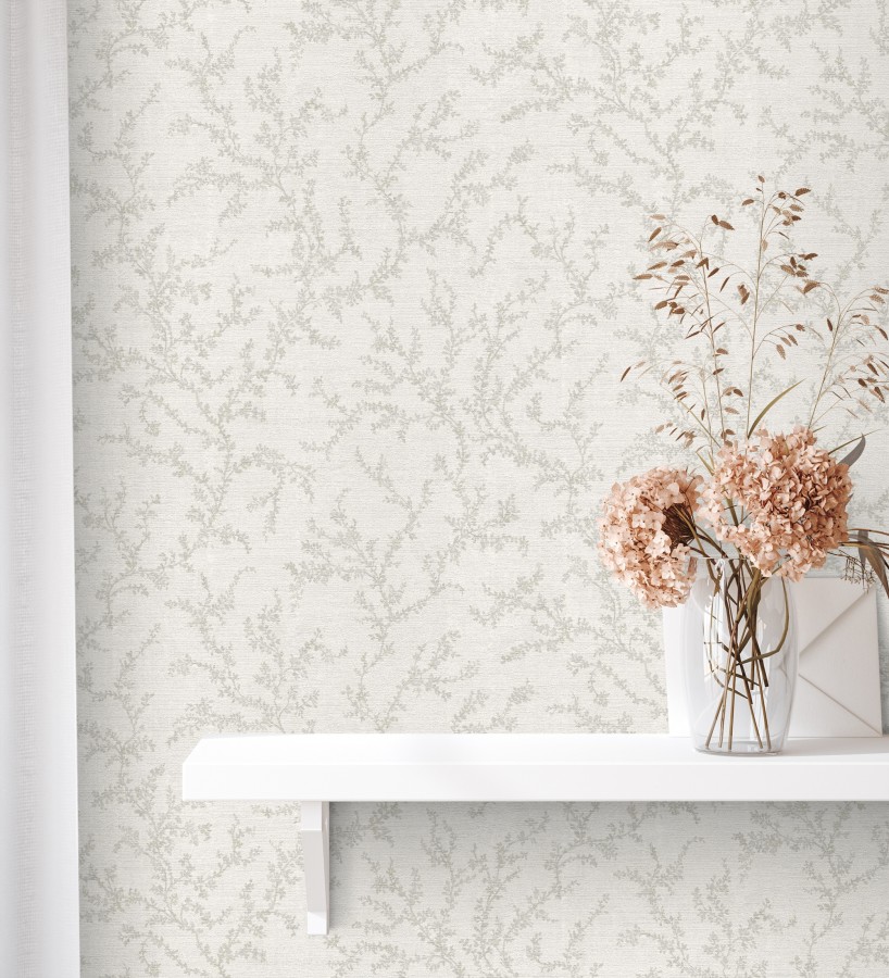 Papel pintado ramas sutiles color gris claro verdoso relieve textil  Margot Delicate 684830