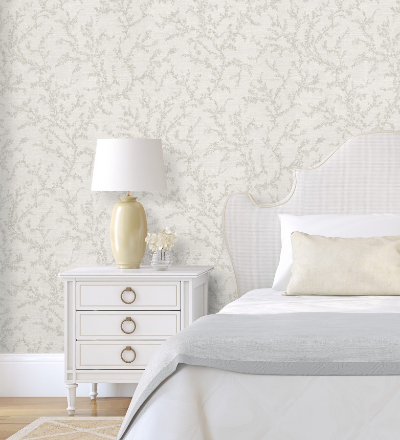 Papel pintado ramas sutiles color gris claro verdoso relieve textil  Margot Delicate 684830