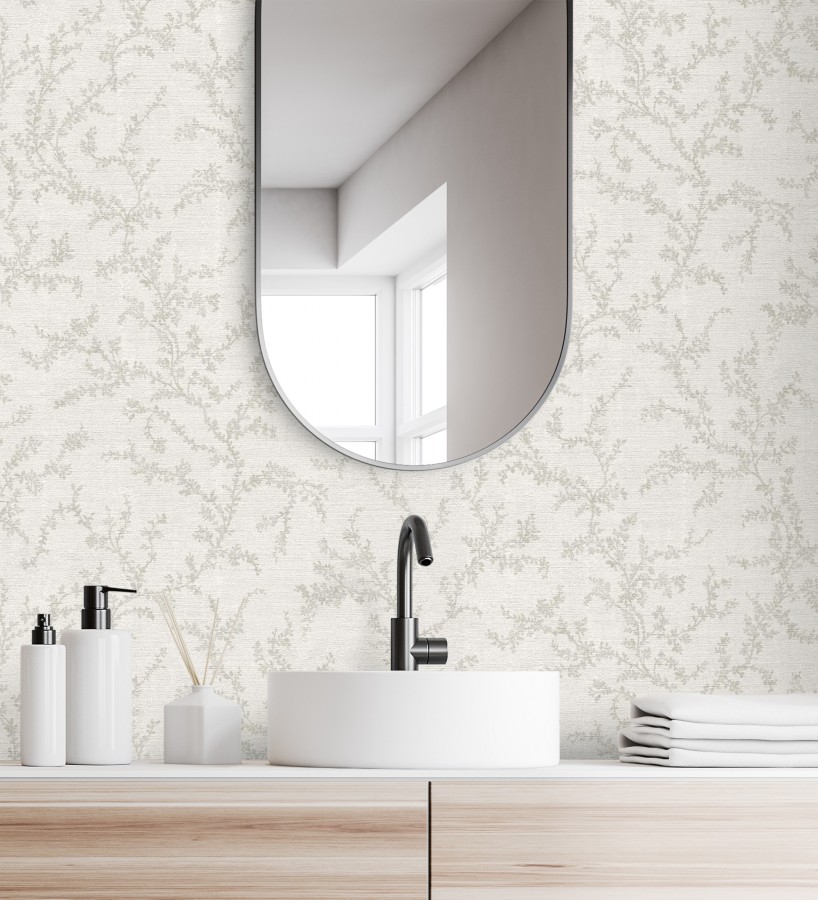 Papel pintado ramas sutiles color gris claro verdoso relieve textil  Margot Delicate 684830