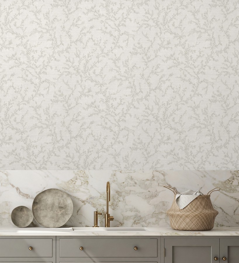 Papel pintado ramas sutiles color gris claro verdoso relieve textil  Margot Delicate 684830