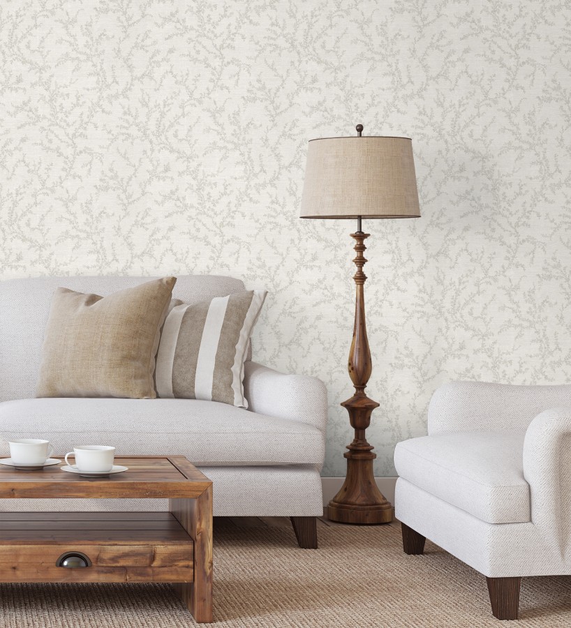 Papel pintado ramas sutiles color gris claro verdoso relieve textil  Margot Delicate 684830