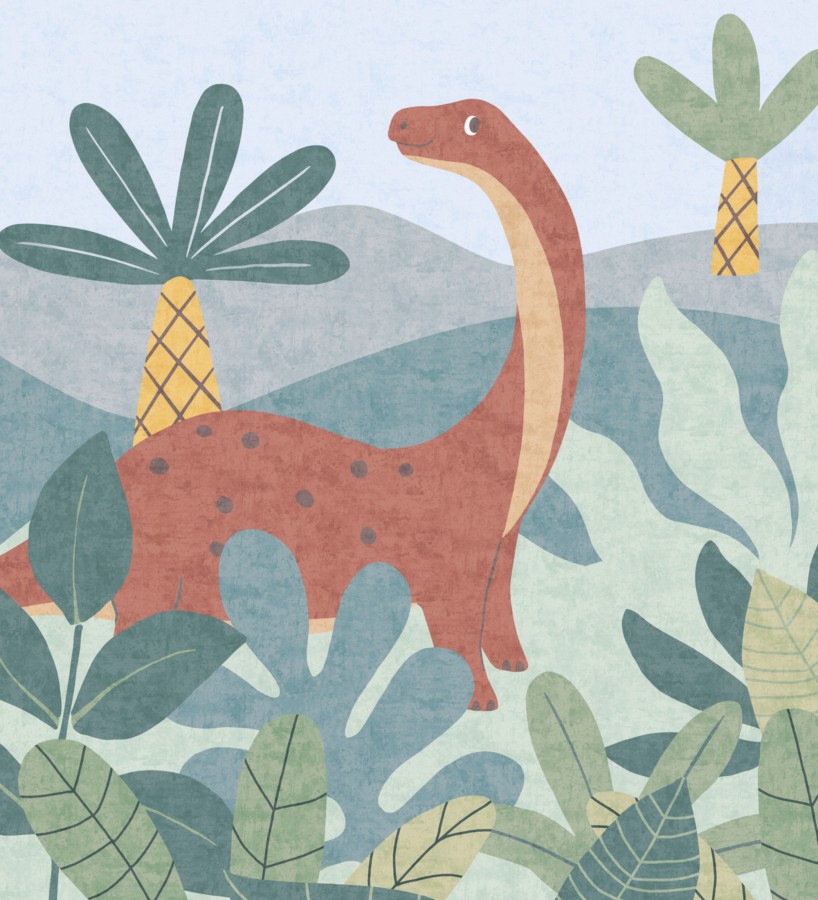 Papel pintado mural diplodocus entre palmeras del jurásico estilo infantil  Diplo Playful 684833