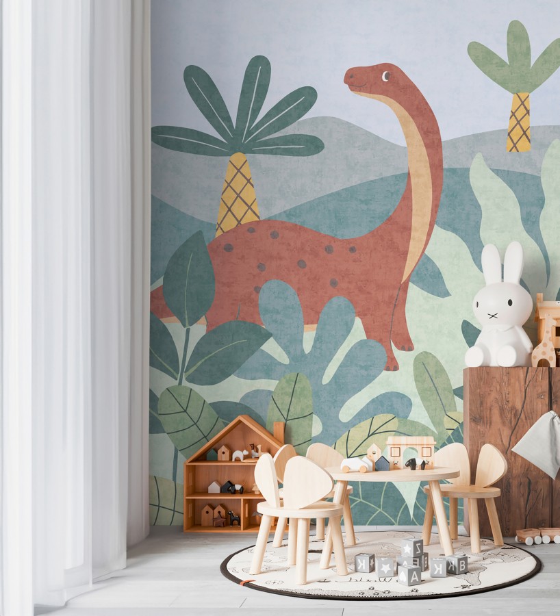 Papel pintado mural diplodocus entre palmeras del jurásico estilo infantil  Diplo Playful 684833
