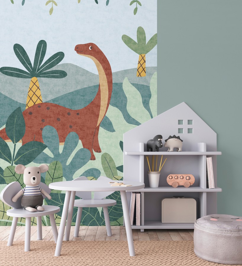 Papel pintado mural diplodocus entre palmeras del jurásico estilo infantil  Diplo Playful 684833