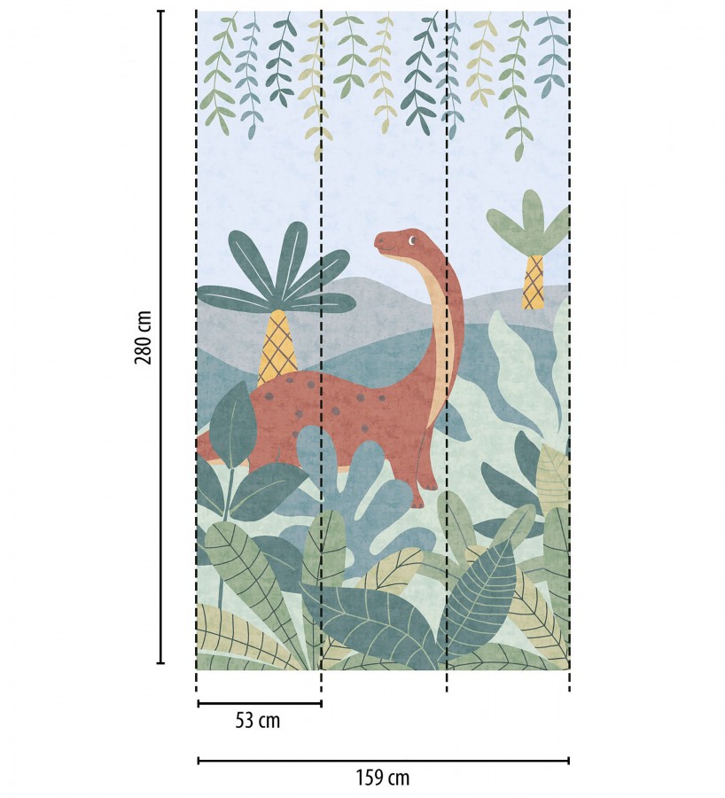 Papel pintado mural diplodocus entre palmeras del jurásico estilo infantil  Diplo Playful 684833