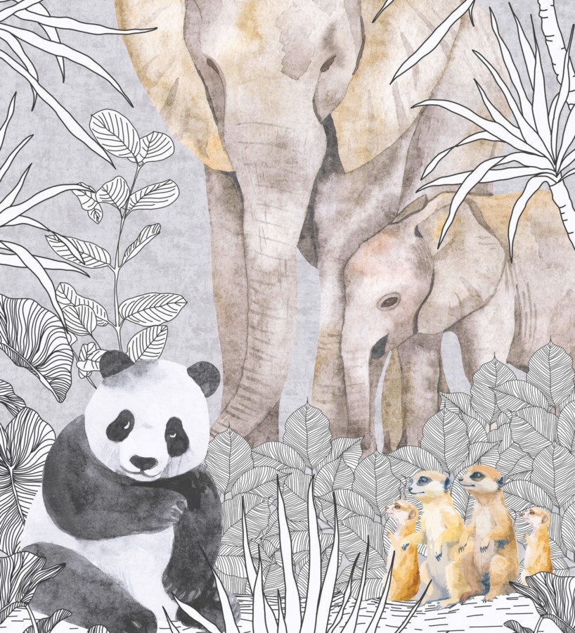 Papel pintado mural de safari con pandas elefantes y suricatas  Zoo Sweet 684837