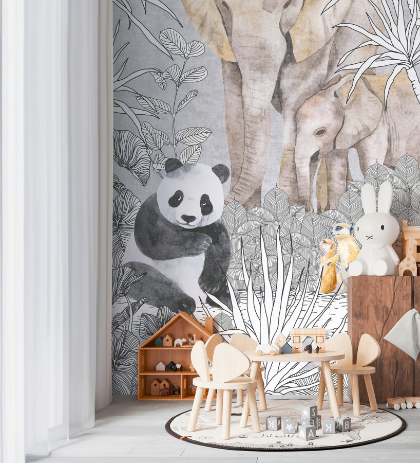 Papel pintado mural de safari con pandas elefantes y suricatas  Zoo Sweet 684837