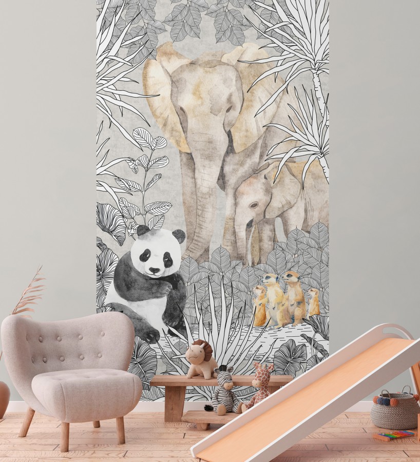 Papel pintado mural de safari con pandas elefantes y suricatas  Zoo Sweet 684837