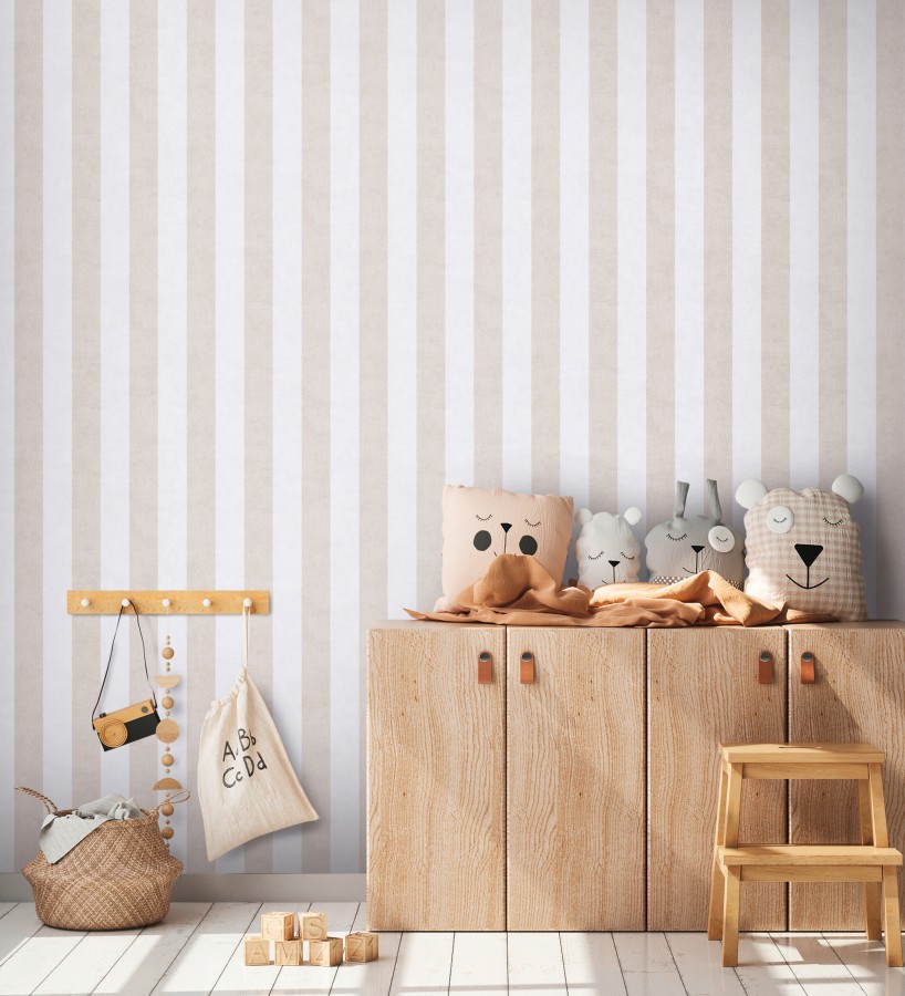 Papel pintado rayas lino desgastado bebé suave en color beige  Strype Cloudy 684842