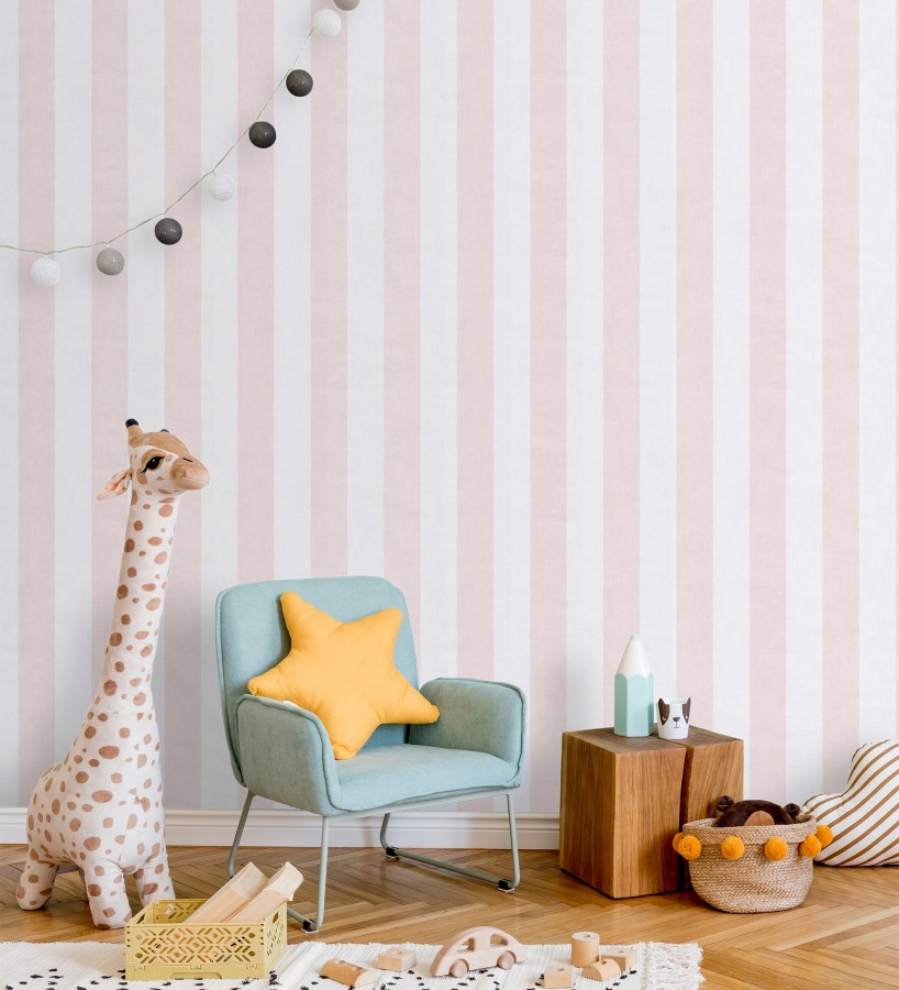 Papel pintado rayas lino desgastado bebé suave en color rosa  Strype Cloudy 684843